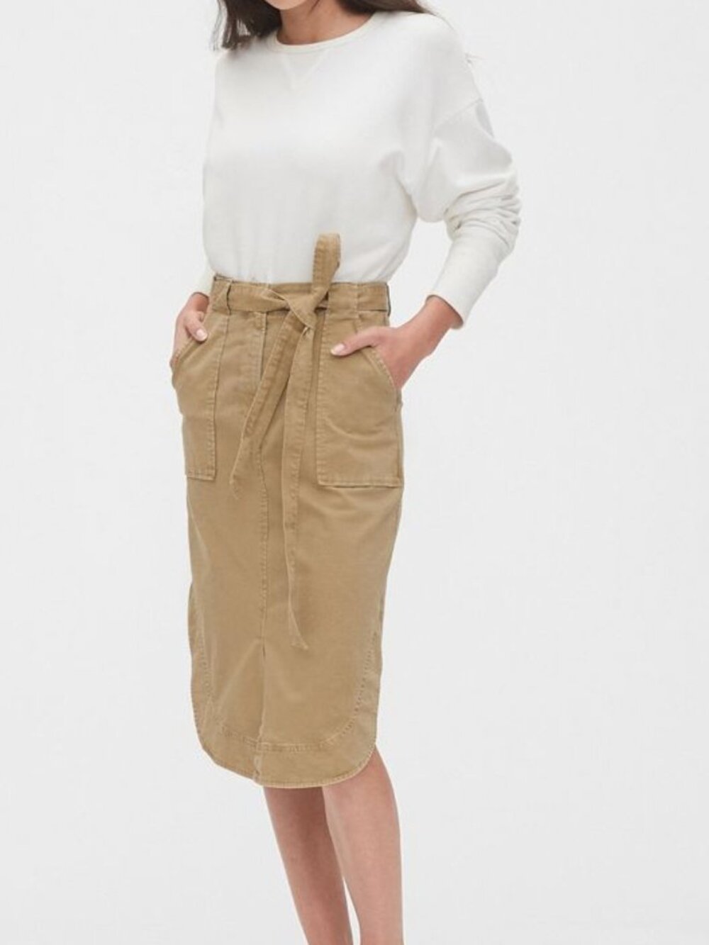 NWT Gap Khaki Shirttail Midi Skirt Size 2 Tie Waist Utility Pocket